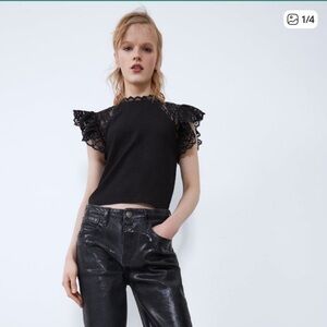 Zara Combined Lace Flutter Sleeve Top